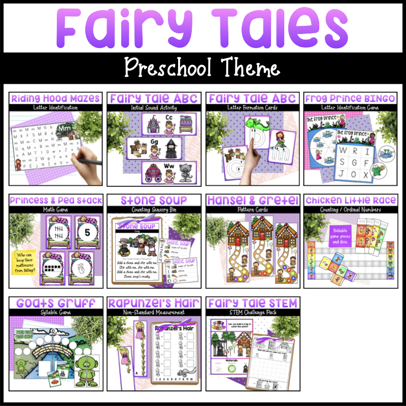 Fairy tale activities for preschoolers including covers for literacy activities, math centers, and STEM challenges.