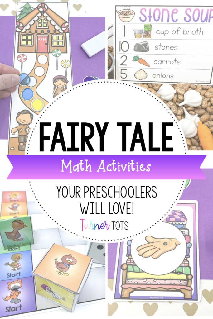 Fairy tale math activities with pictures of Hansel and Gretel pattern cards, Stone Soup counting sensory bin with dried pinto beans, Chicken Little rainbow race game, and a Princess and the Pea card with an illustration of a hand holding a pea.