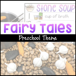 Fairy tale preschool theme with background image of a sensory bin filled with pinto beans, onions, carrots, and rocks to make Stone Soup as a fairy tale preschool activity.