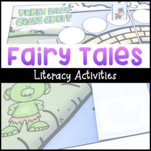Fairy Tale Literacy Activities for Preschool with background picture of Three Billy Goats Gruff game for syllables.