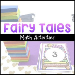 Fairy tale math activities with background picture of stacked dominoes and Princess and the Pea numbered card.