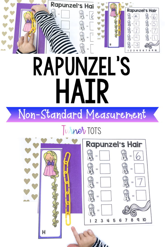 Rapunzel's Hair non-standard measurement includes cards with long hair for preschoolers to measure with linking chains. Then, they record the length on the recording sheet for this fairy tale-themed math center.