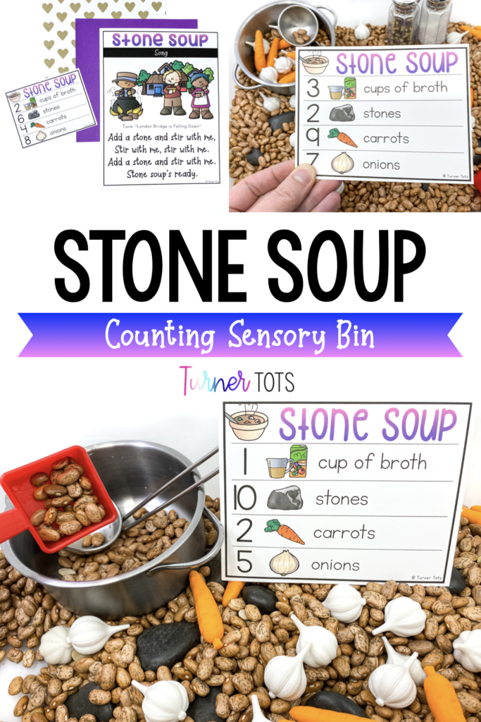 Stone Soup counting sensory bin includes a tub full of dried pinto beans, carrot and onion counters, and stones to count into a small pot for this fairy tale math activity for preschoolers.