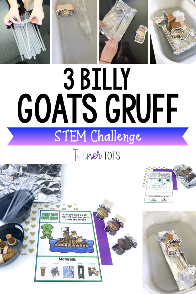 Three Billy Goats Gruff STEM Challenge includes pictures of rafts made from straws and aluminum foil with block goats on top. Such a fun fairy tale STEM idea for toddlers!