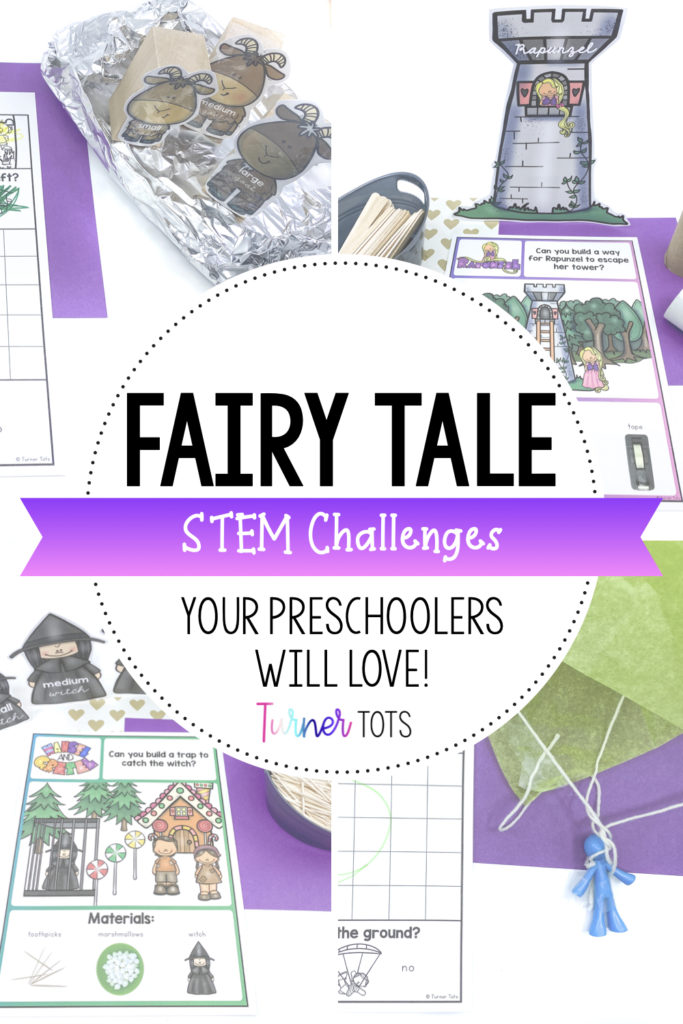 Fairy Tale STEM Challenges with pictures of a parachute made from tissue paper, popsicle sticks to make a ladder, witches taped onto blocks for Hansel & Gretel, and goats in a tin foil raft.