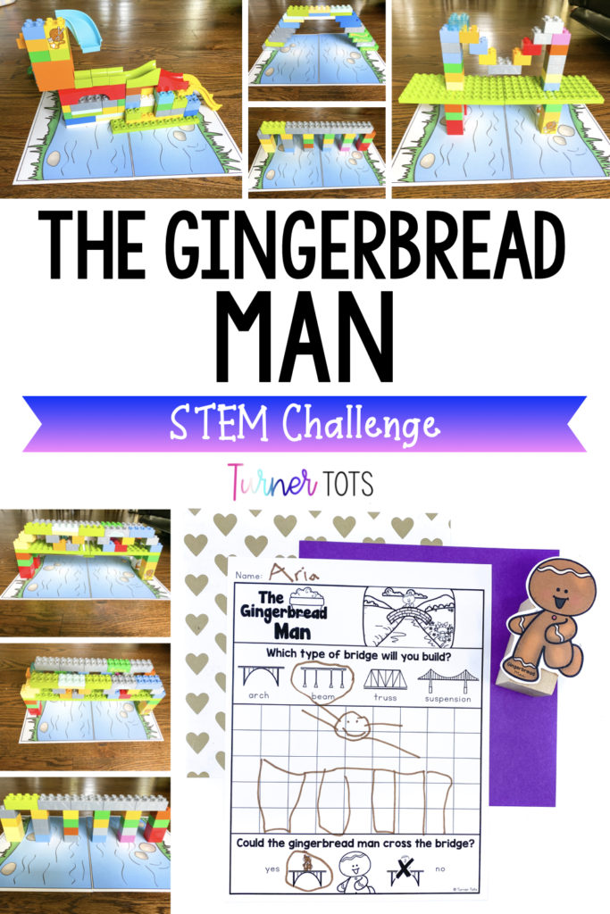 Gingerbread Man STEM challenge includes bridges build out of Legos over a river printout. Check out even more fairy tale STEM ideas here!