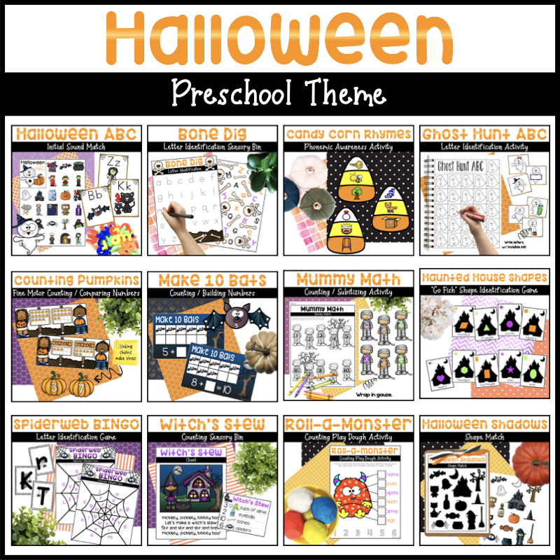 Halloween Preschool Activities includes pictures of Halloween literacy activities and centers, math activities and centers, and more!