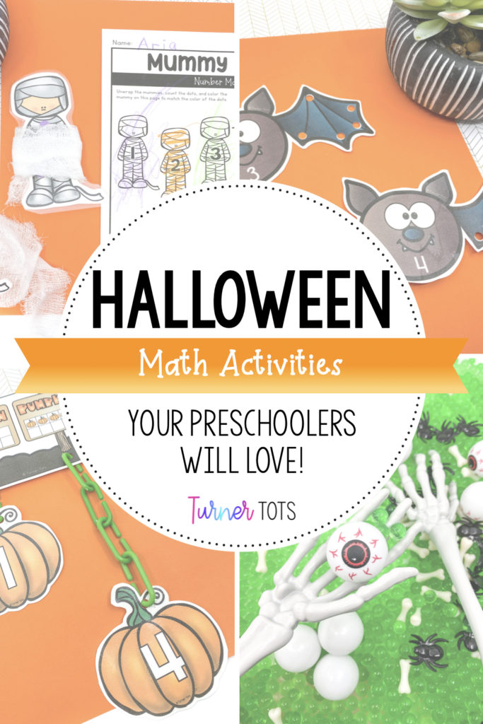 Halloween math activities for preschoolers that include hooking chains onto counting bats, unwrapping mummies to count dots, witch's stew sensory bin with eyeballs, skeleton tongs, and bats, and pumpkin counting chains.