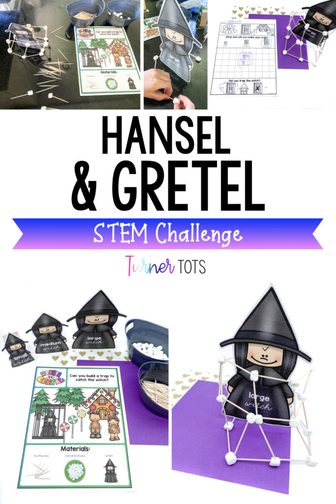 Hansel & Gretel STEM Challenge includes witch printouts in 3 different sizes for toddlers to try and build a trap using toothpicks and marshmallows. Perfect for your fairy tale STEM ideas!