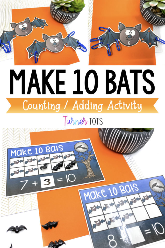 Make 10 Bats includes ten frame cards with some bats printed. Students add in the missing number of bats to make 10. It also includes counting bats with 10 holes in them. Preschoolers hang the number of links from the wings to match the number.