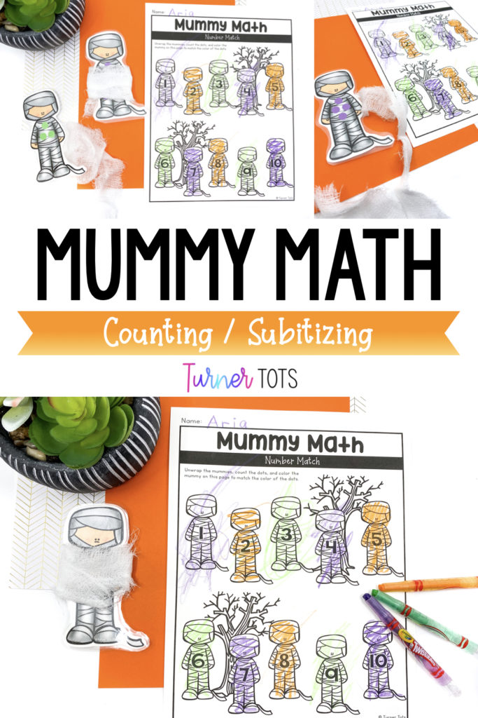 Mummy Math is a Halloween math center that includes printouts of mummies with dots on them for students to count and color on a recording sheet.