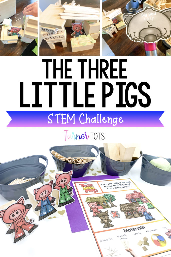 Three Little Pigs STEM Challenge includes making houses out of toothpicks, popsicle sticks, and blocks that the wolf won't be able to blow down. Perfect fairy tale STEM ideas for your preschoolers!