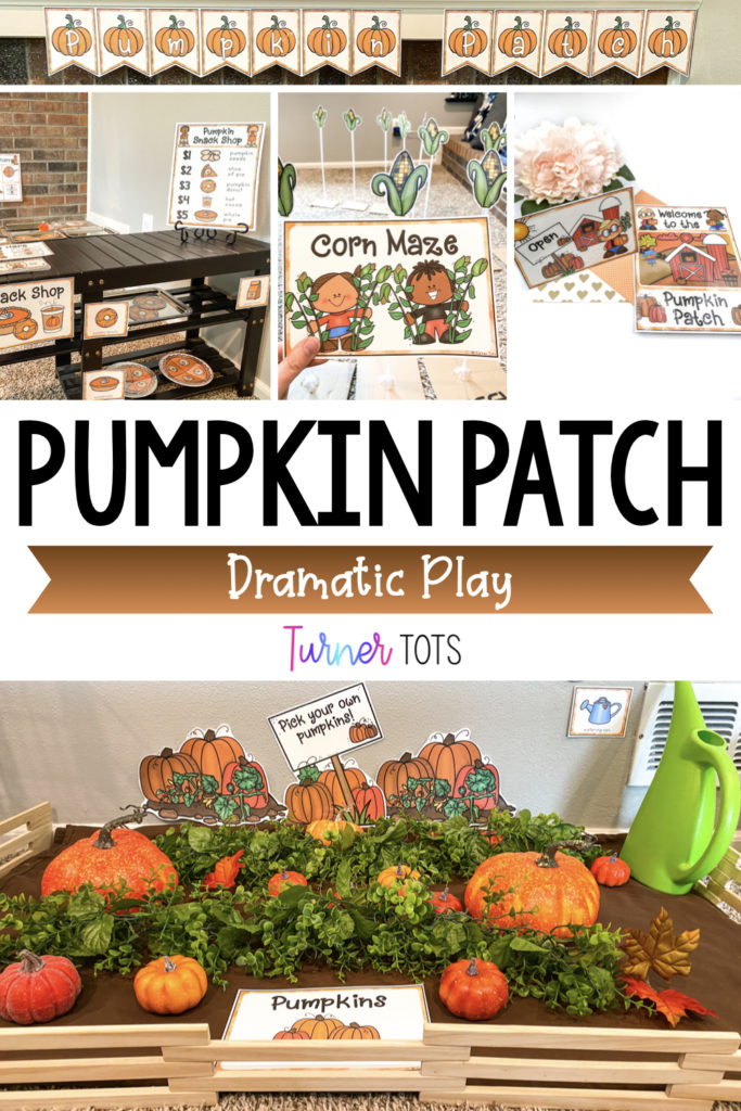 Pumpkin Patch Dramatic Play with pictures of a pretend pumpkin patch, a pumpkin snack shop, pretend corn maze, and a pumpkin patch open sign.