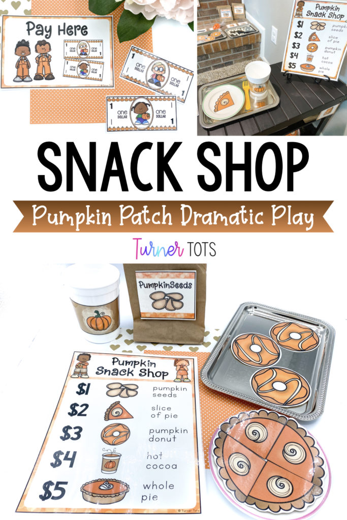 Pumpkin Snack Shop with pictures of pretend pumpkin seeds, donuts, pumpkin pie, and dollars for customers to pretend to buy and eat at the pumpkin patch.