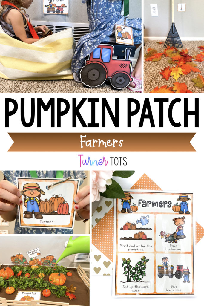 Pumpkin Patch Dramatic Play with pictures of the preschool farmers giving a tractor ride, a name tag, job duties poster, and raking leaves.