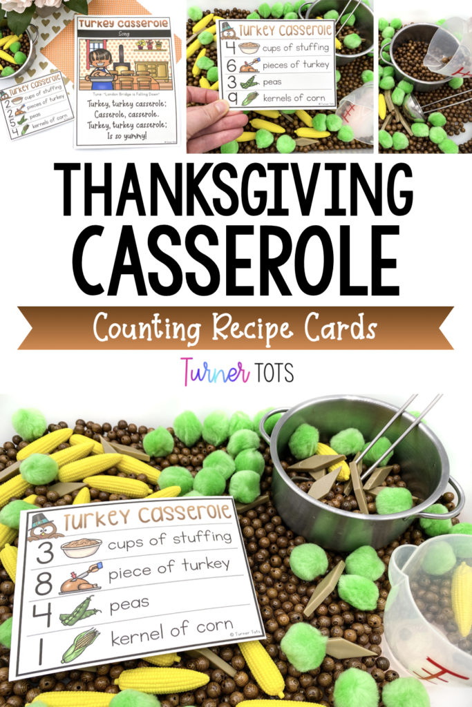 Thanksgiving Turkey Casserole includes a sensory bin with beads, pompoms, corn counters, and pattern blocks for preschoolers to count into a pot for a Thanksgiving math activity.