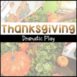 Thanksgiving Dramatic Play with a picture of a pretend pumpkin patch in the background.