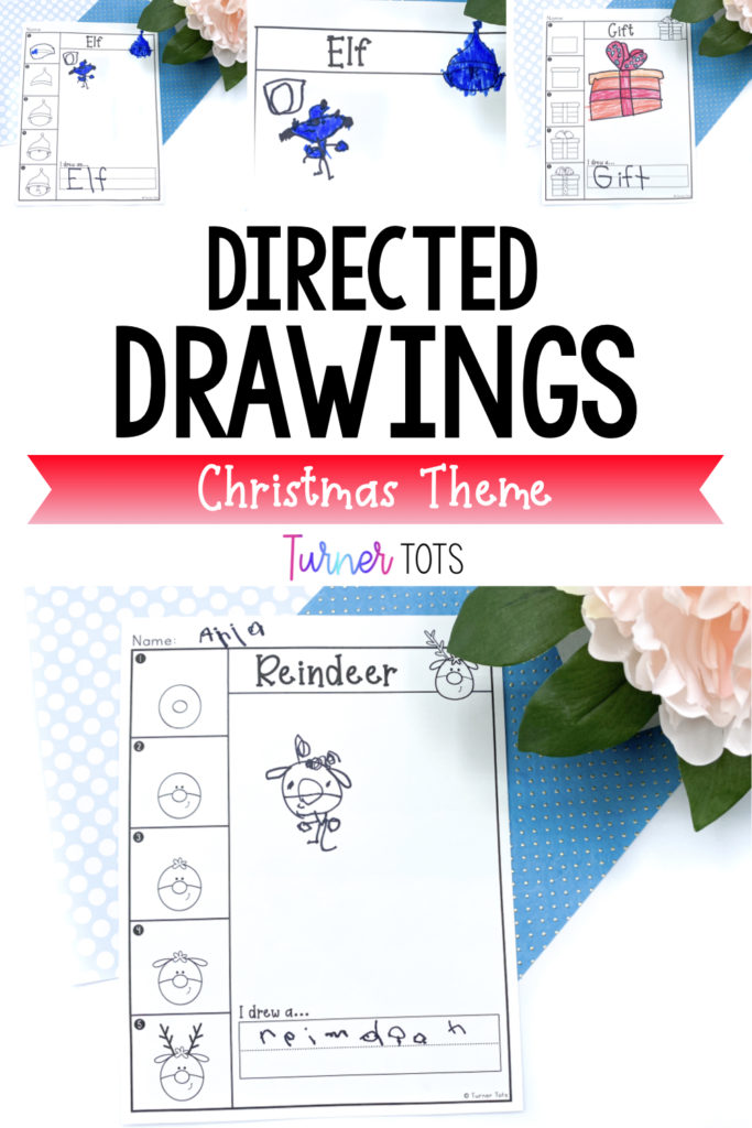 Christmas directed drawings includes step-by-step instructions for drawing an elf, a gift, and a reindeer.
