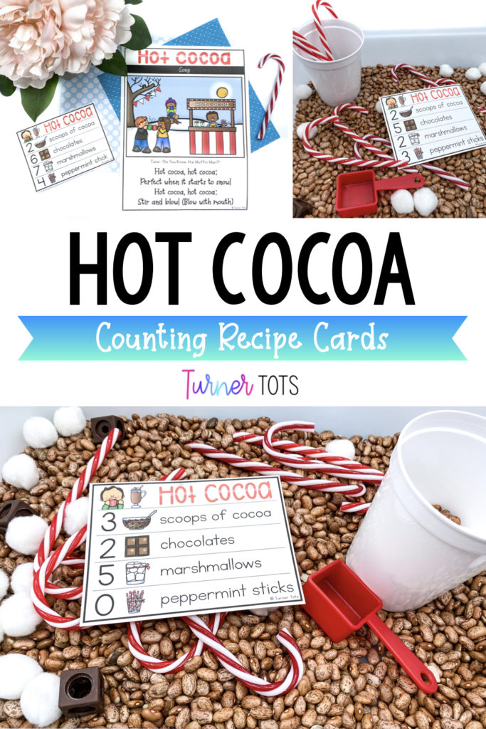 Hot Cocoa Counting Sensory Bin filled with dried pinto beans, pompoms, plastic candy canes, and cups for preschoolers to count the hot cocoa recipe.