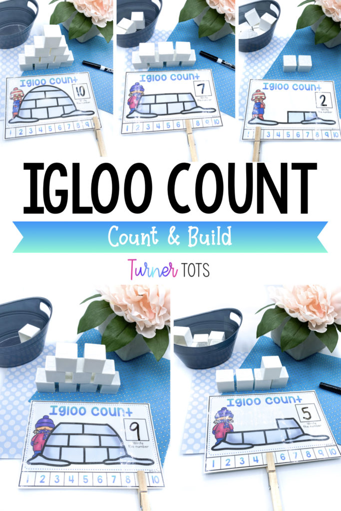 Igloo counting activity includes cards with a certain number of ice cubes to count and stack out of cubes.