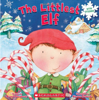 The Littlest Elf by Brandi Dougherty includes an illustrated cover with an elf holding presents and candy canes.