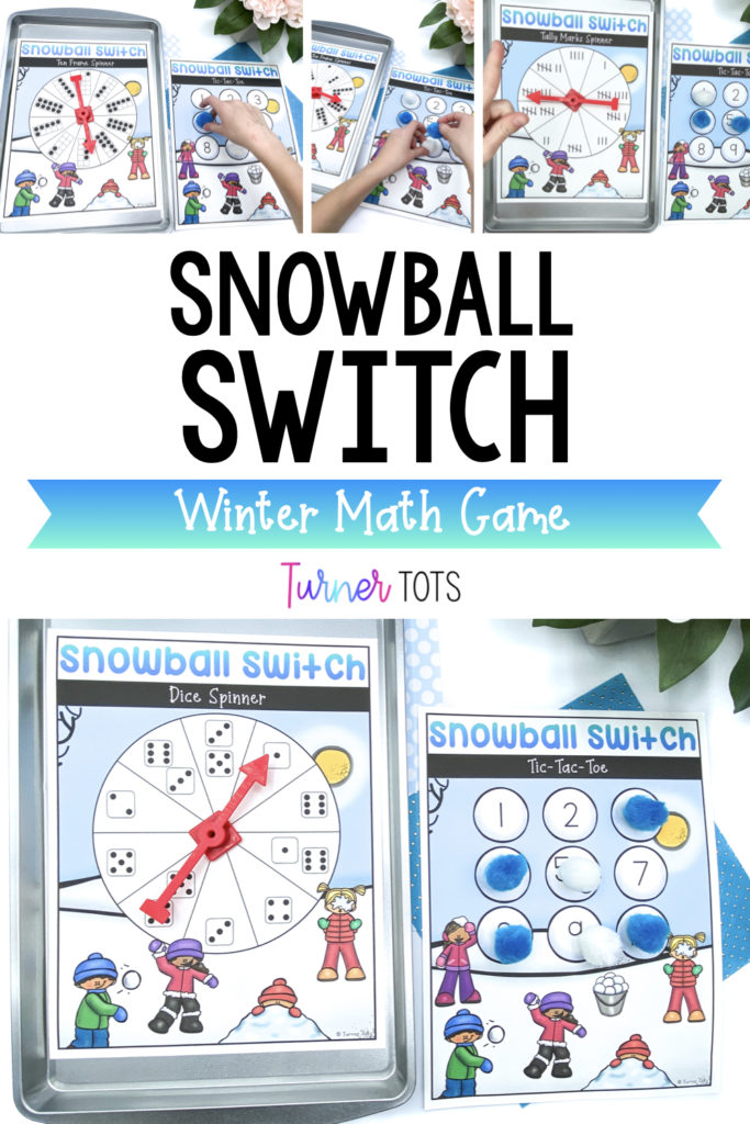 Snowball math game includes spinners with ten frames, dice, tally marks, fingers, or numerals. Preschoolers place pompoms on the number that they spin, trying to get 3 in a row.
