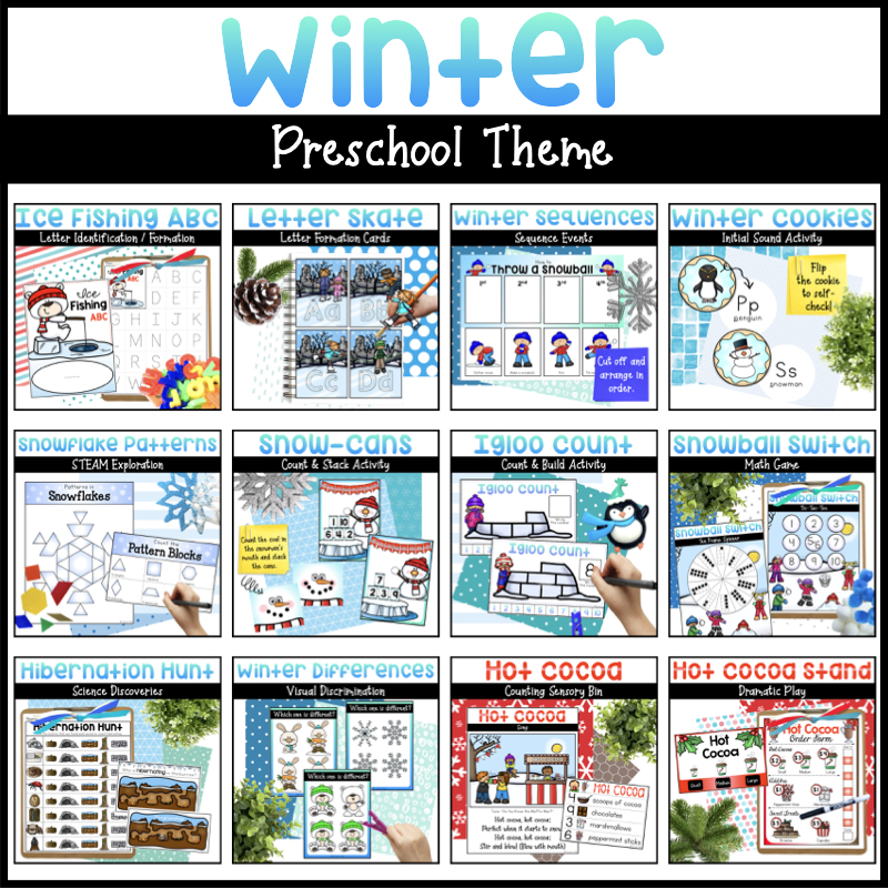 Winter preschool theme with math, literacy, and dramatic play centers.