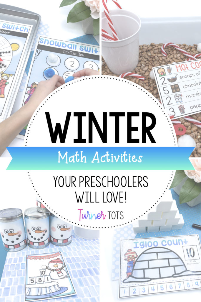 Winter math activities with background images of a snowball math game, hot cocoa sensory bin, stacking snowman cans, and an igloo counting activity.