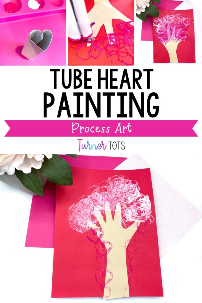 Tube heart painting process art activity is pictured with a hand traced tree decorated with hearts.