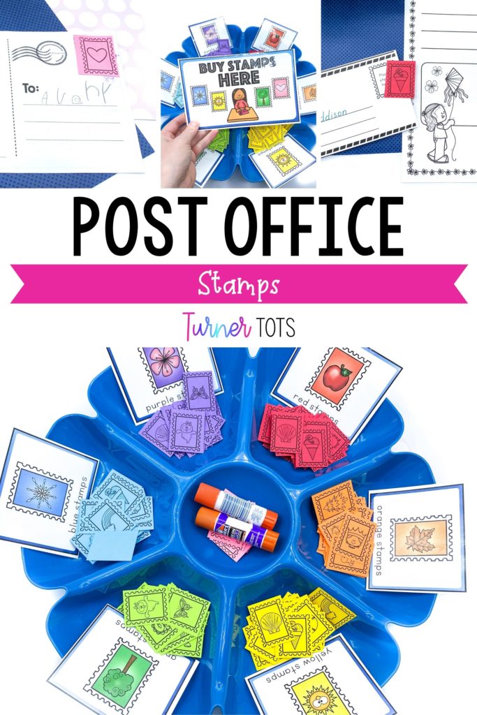 Post Office pretend stamps sorted by color.
