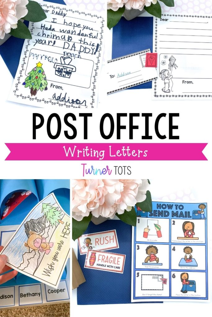 Post office dramatic play with letters and postcards for preschoolers to write plus a how-to send mail poster.