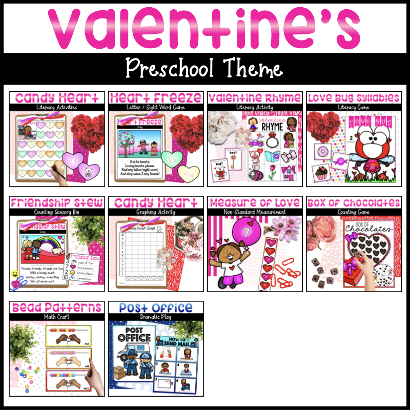 Valentine's Day Preschool Theme with literacy activities, math activities, and post office dramatic play.