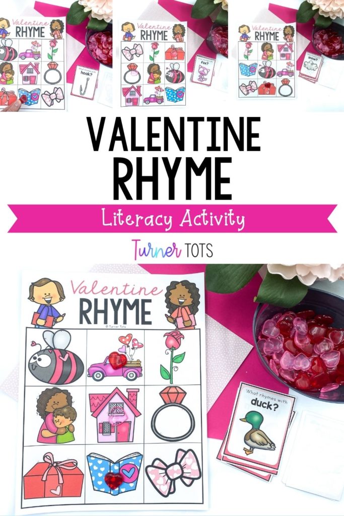Valentine Rhyme includes pictures of printable BINGO boards, rhyming word cards, and plastic hearts to use as markers.