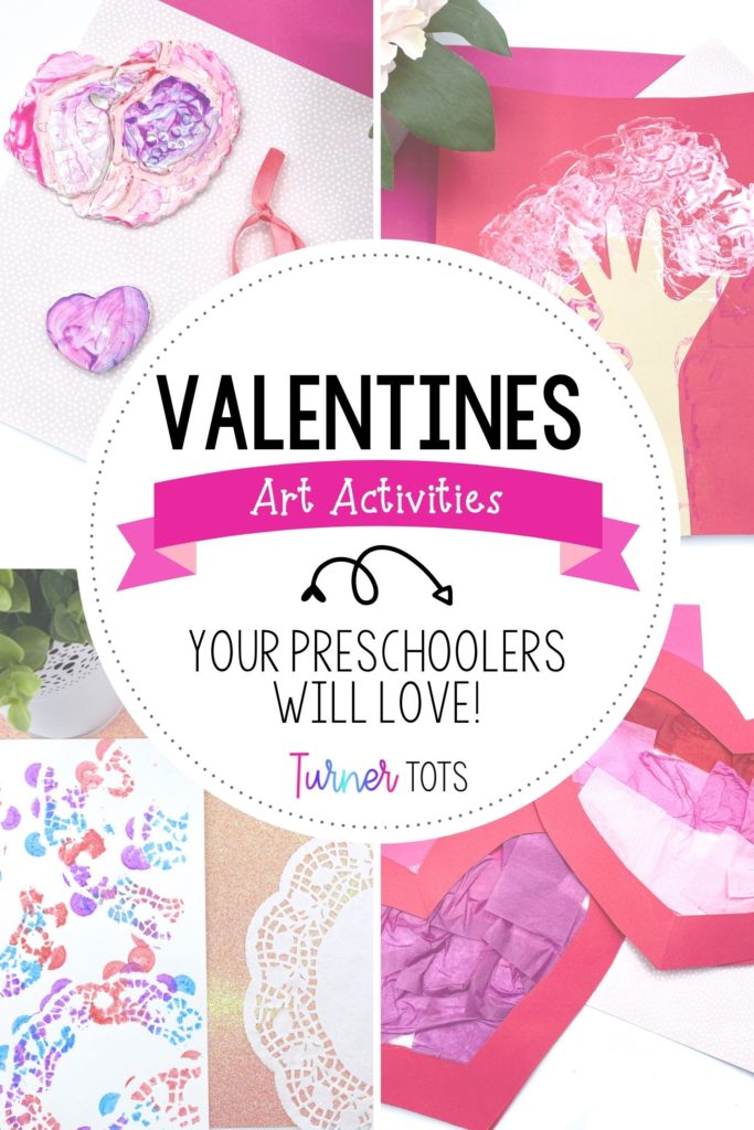 Valentine’s art activities your preschoolers will love! Pictured on the cover are various valentine art activities.