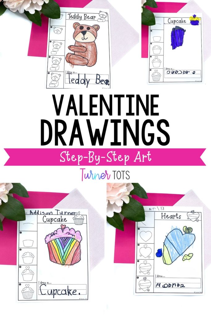 Valentine’s Day directed drawings include step-by-step instructions on how to draw a teddy bear, cupcake, and hearts for preschoolers.