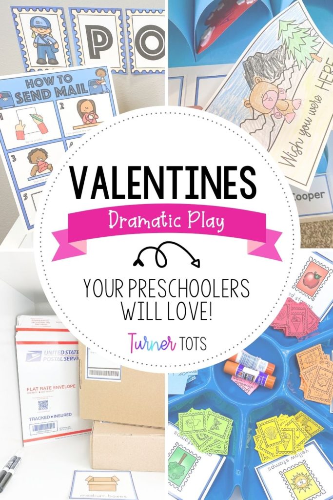 Valentine's Day Dramatic Play includes pictures of a pretend post office including packages, stamps, and postcards.