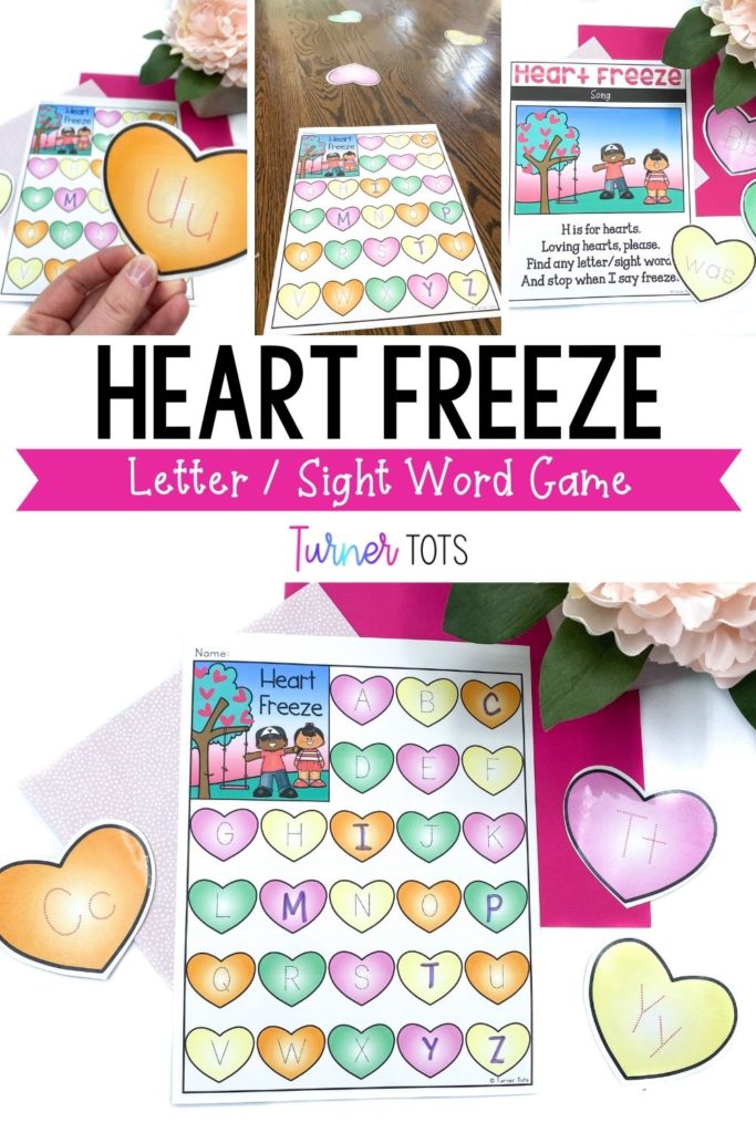Heart Freeze Letter Identification game with lettered hearts and an alphabet recording sheet.