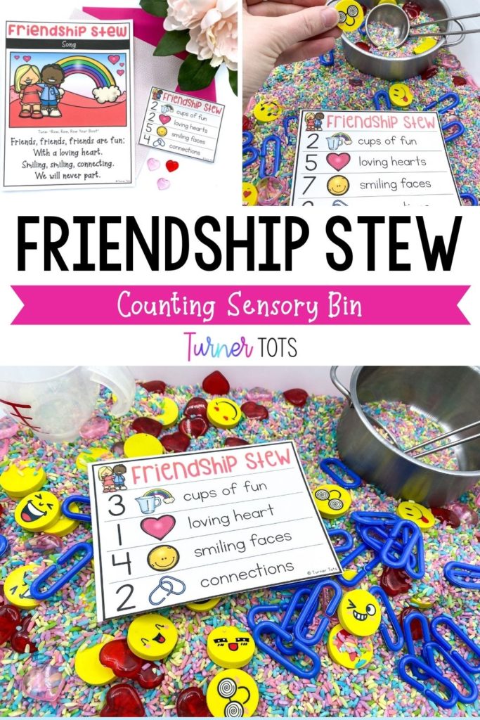 Friendship stew counting sensory bin with rainbow rice, smiley face erasers, linking chains, and plastic hearts for preschoolers to count into a pot with this math Valentine’s Day activity.