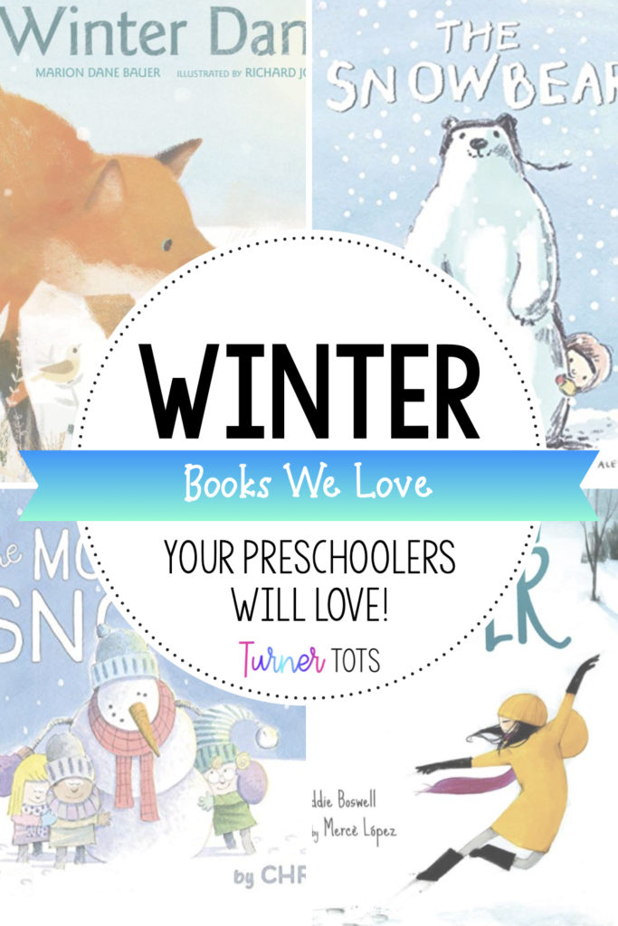 Winter books for preschoolers with background pictures of a fox, a snowbear, a snowman, and an ice skater.