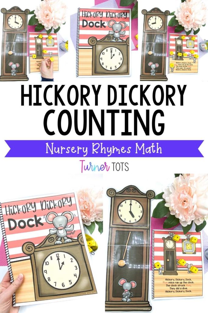 Hickory Dickory Dock counting activity includes pages in a book with mice to count and a large clock to turn the hour hand to show the number of mice.