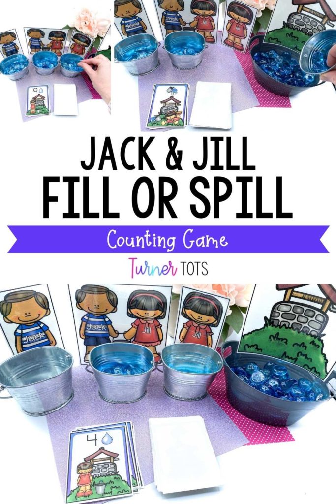 Jack and Jill counting game includes metal pails and a printout of a well for preschoolers to count gems (water) for a nursery rhyme math activity.