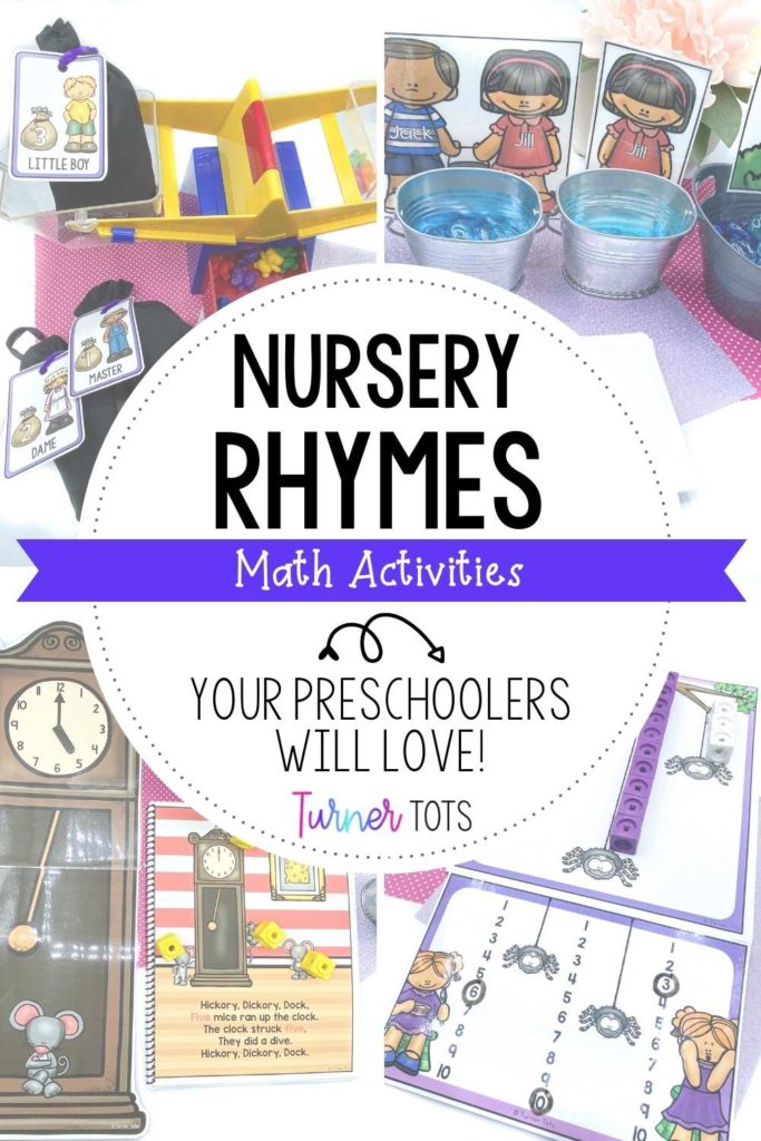 Nursery rhymes math activities with pictures of weighing bags for Baa Baa Black Sheep, a Jack and Jill counting activity with pails and gems, a Hickory Dickory Dock counting clock, and spiderwebs to measure with cubes.