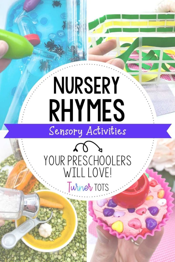 Nursery rhymes sensory activities for preschoolers with pictures of basket weaving with ribbon, peas porridge sensory bin, a water tub with spiders and tubes, and cupcakes made from playdough.