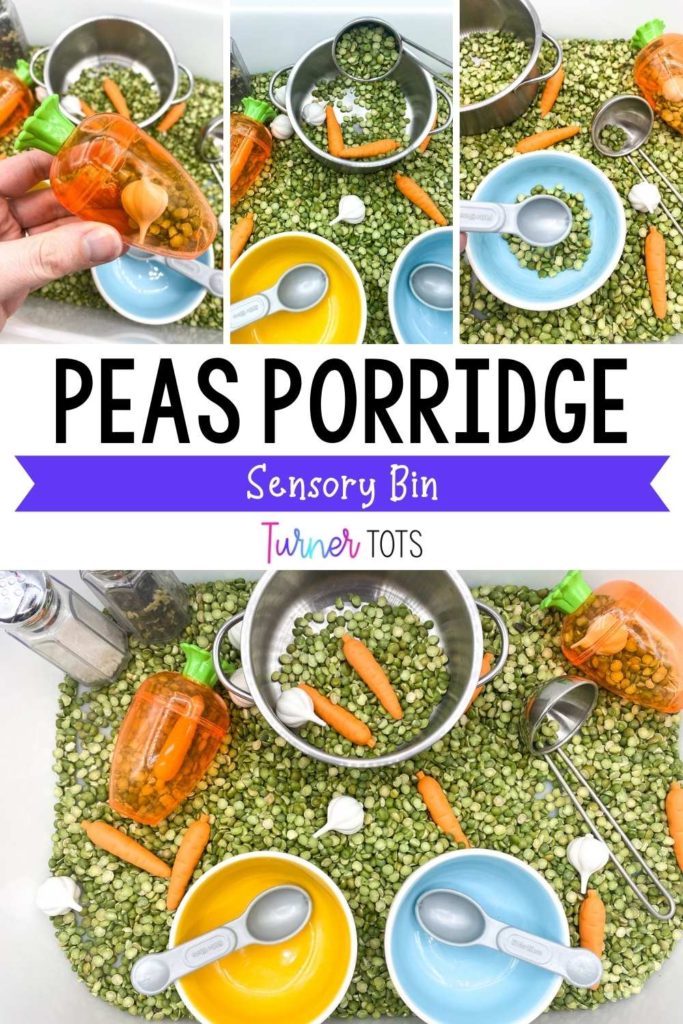 Peas porridge hot sensory bin with dried split peas, plastic carrot, and onion counters, bowls, a pot, and spoons in a tub for a nursery rhymes sensory activity.