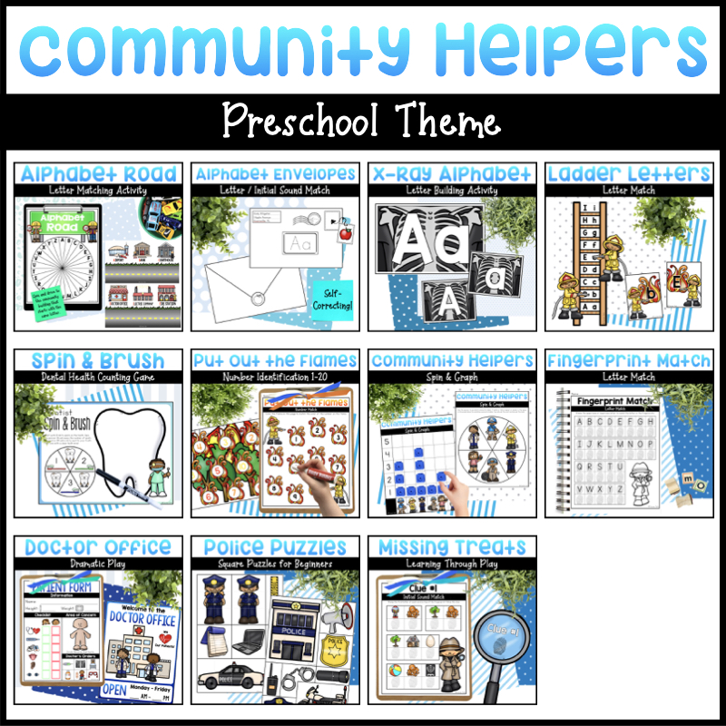 Community helpers activities and centers with images of each cover.