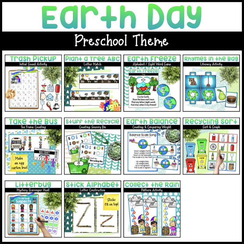 Earth Day activities for preschoolers with literacy centers, math centers, and The Case of the Litterbug.