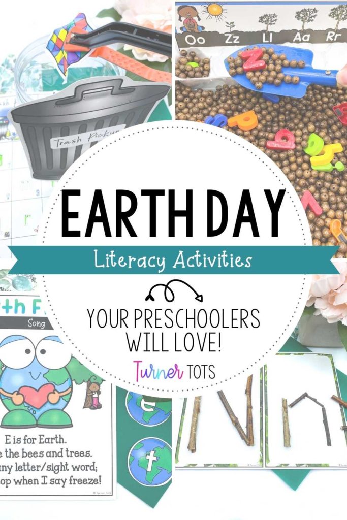 Earth Day literacy activities for preschoolers with images of putting the trash into the trash can initial sound activity, scooping letters into an egg carton for a tree-planting activity, Earth alphabet letters, and stick letters.