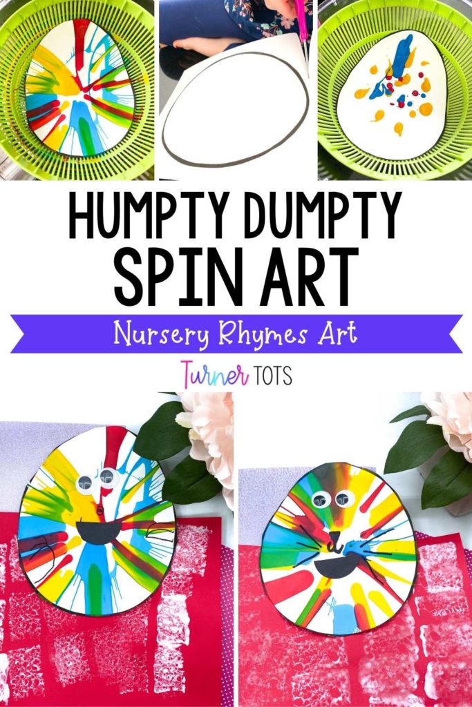 Humpty Dumpty art includes an egg painted in a salad spinner on a brick wall painted with a sponge.