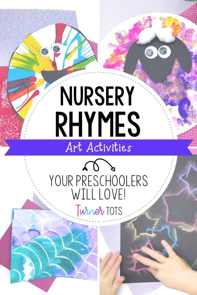 Nursery rhymes art projects including Humpty Dumpty spinner art, a lamb painting on a paper plate, a spiderweb watercolor painting, and chalk stars art.