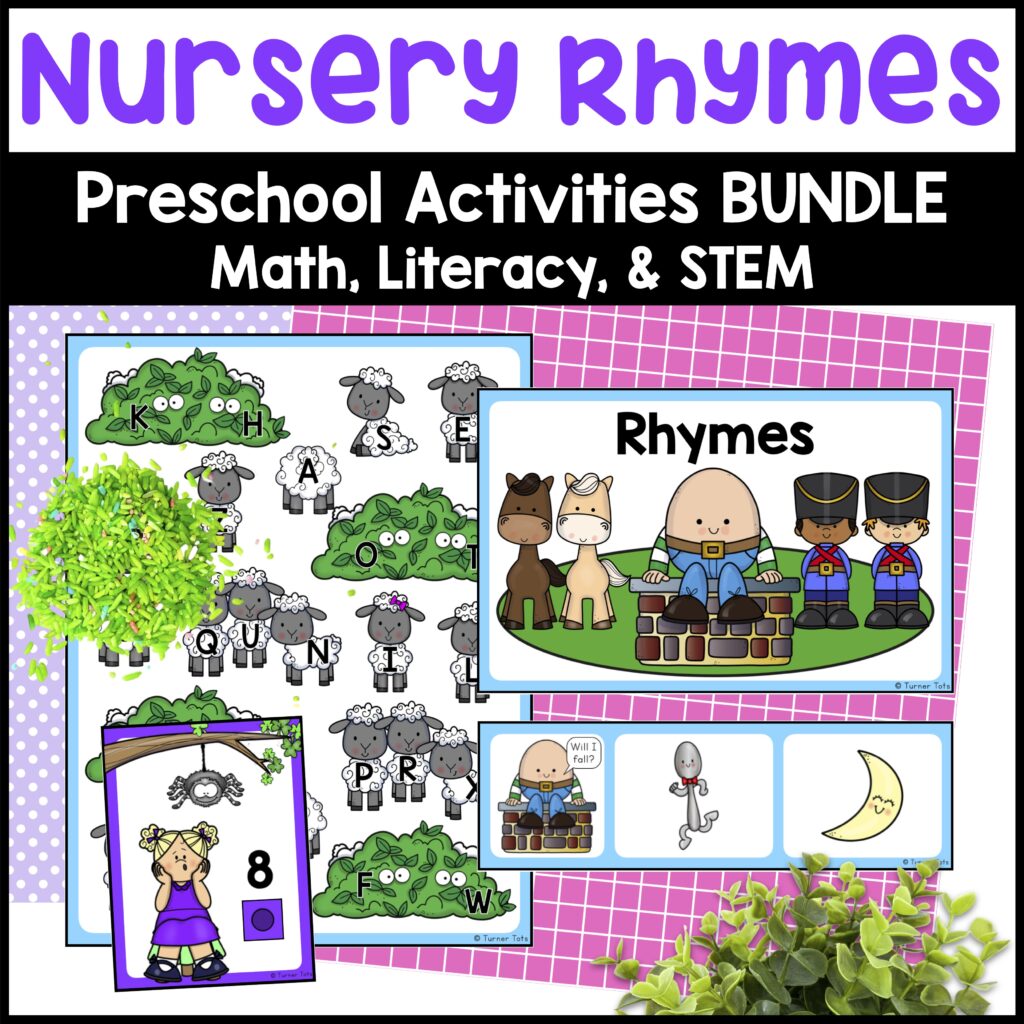 Nursery rhyme preschool activities for alphabet, math, and STEM centers.